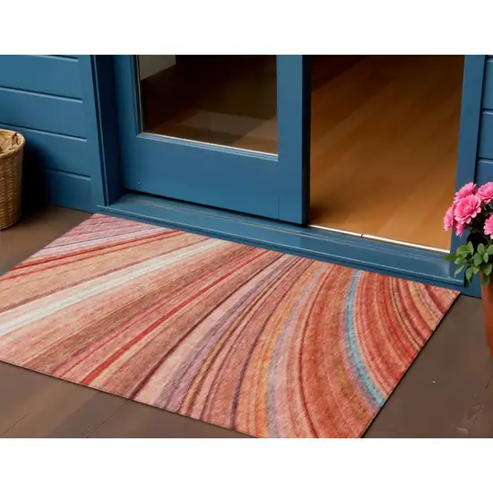 Terra Cotta Striped Washable Non Skid Indoor Outdoor Area Rug Photo 1