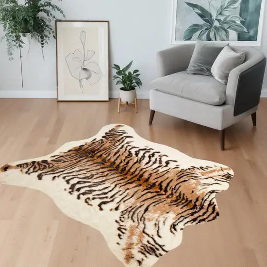 Brown and Black Faux Fur Tiger Print Shag Area Rug Photo 1