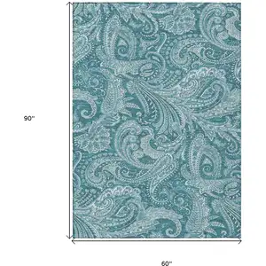 Photo of Turquoise And Ivory Paisley Washable Indoor Outdoor Area Rug