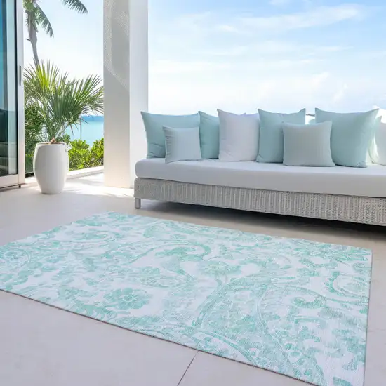 Turquoise And Ivory Paisley Washable Indoor Outdoor Area Rug Photo 8