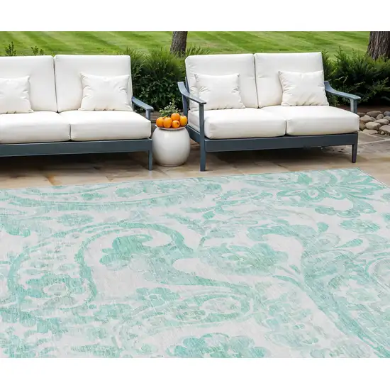 Turquoise And Ivory Paisley Washable Indoor Outdoor Area Rug Photo 1