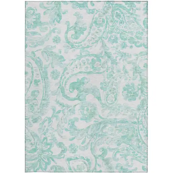 Turquoise And Ivory Paisley Washable Indoor Outdoor Area Rug Photo 7