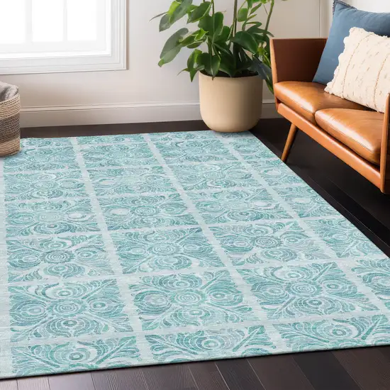 Turquoise And Teal Blue Medallion Washable Indoor Outdoor Area Rug Photo 9