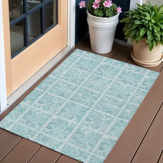 Turquoise And Teal Blue Medallion Washable Indoor Outdoor Area Rug Photo 1