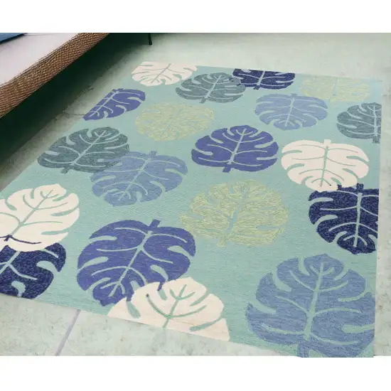 5'X8' Turquoise Blue Hand Hooked Uv Treated Tropical Leaves Indoor Outdoor Area Rug Photo 1