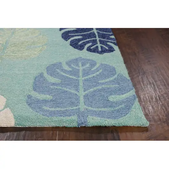 Turquoise Blue Hand Hooked UV Treated Tropical Leaves Indoor Outdoor Area Rug Photo 5