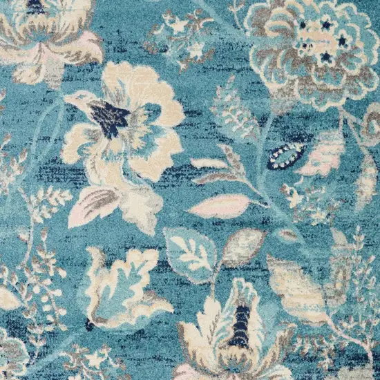 Turquoise Cream and Navy Blue Floral Distressed Area Rug Photo 9