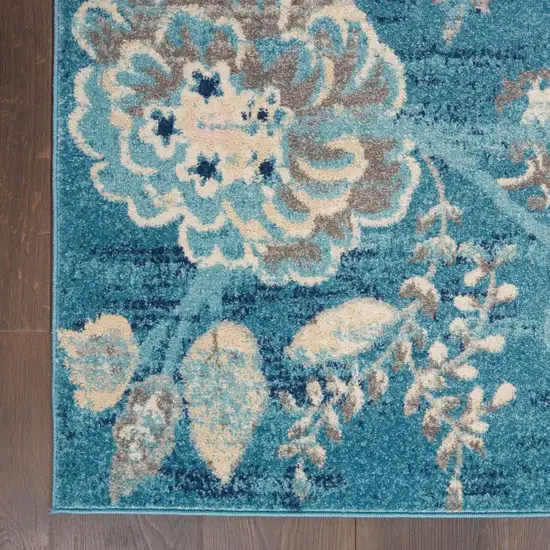 Turquoise Cream and Navy Blue Floral Distressed Area Rug Photo 4