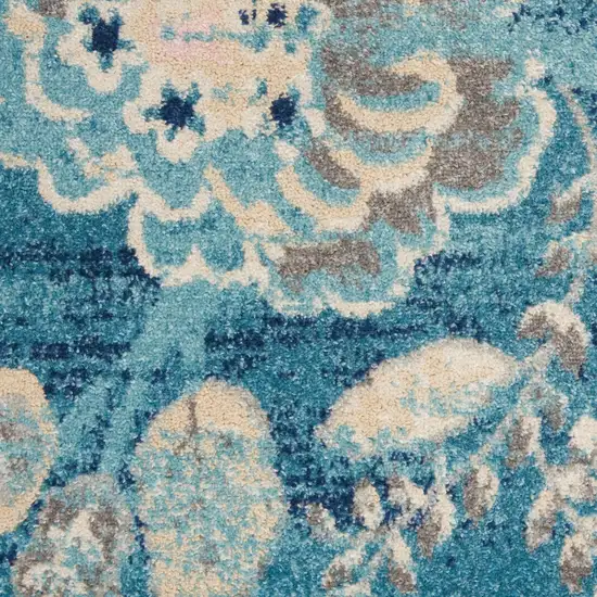 Turquoise Cream and Navy Blue Floral Distressed Area Rug Photo 5