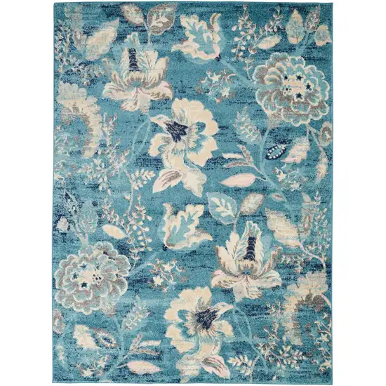 Turquoise Cream and Navy Blue Floral Distressed Area Rug Photo 2