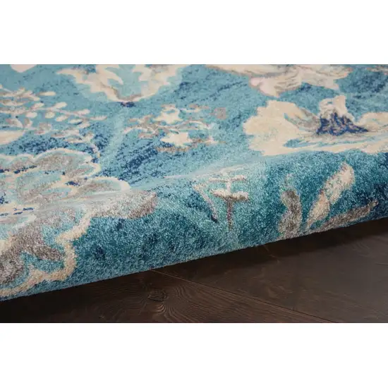 Turquoise Cream and Navy Blue Floral Distressed Area Rug Photo 7