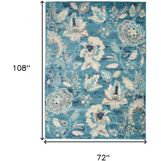 Turquoise Cream and Navy Blue Floral Distressed Area Rug Photo 3