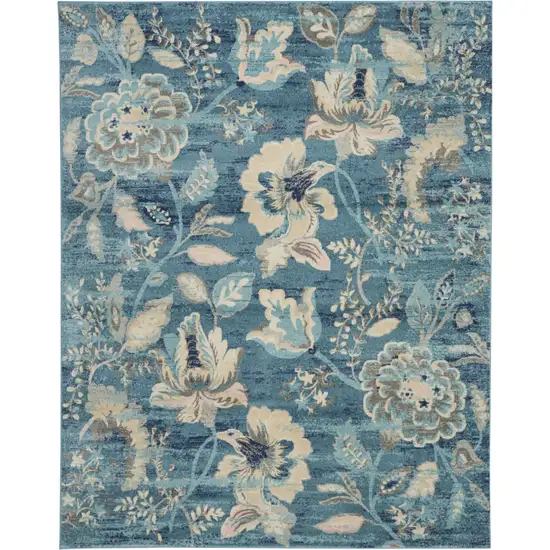 Turquoise Cream and Navy Blue Floral Distressed Area Rug Photo 2