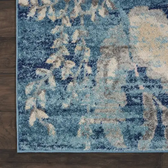 Turquoise Cream and Navy Blue Floral Distressed Area Rug Photo 4