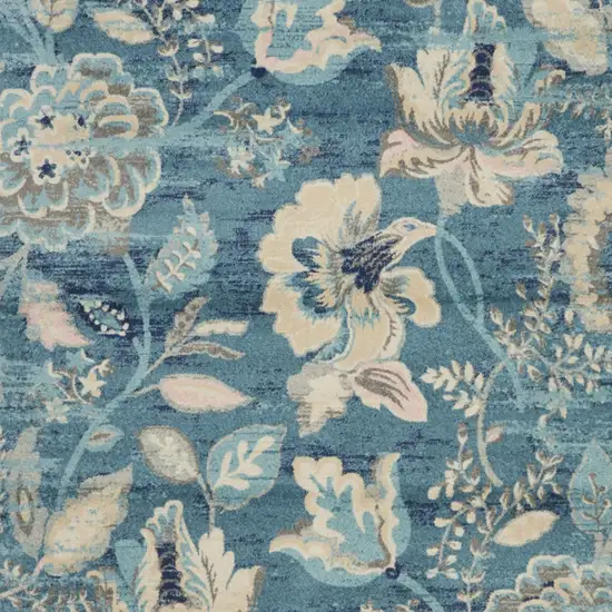 Turquoise Cream and Navy Blue Floral Distressed Area Rug Photo 7