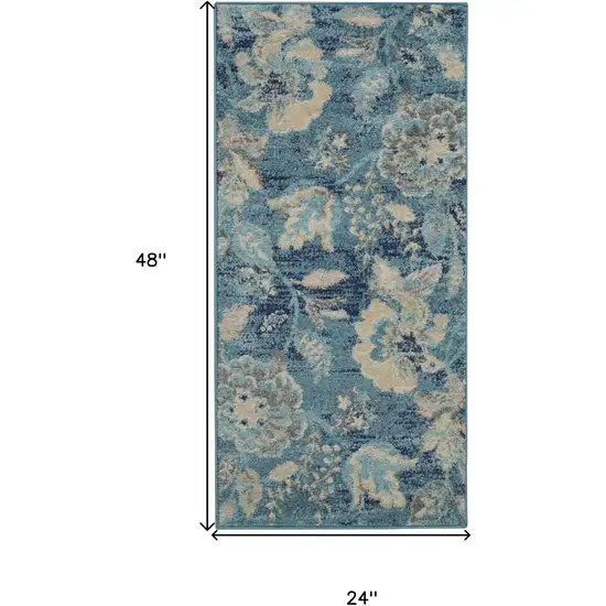 Turquoise Cream and Navy Blue Floral Distressed Area Rug Photo 3