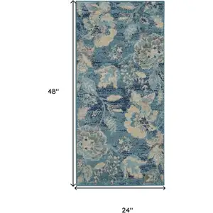 Photo of Turquoise Cream and Navy Blue Floral Distressed Area Rug