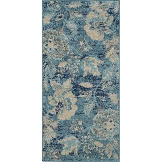 Turquoise Cream and Navy Blue Floral Distressed Area Rug Photo 8