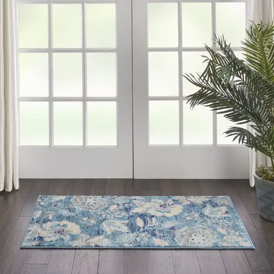 Turquoise Cream and Navy Blue Floral Distressed Area Rug Photo 9