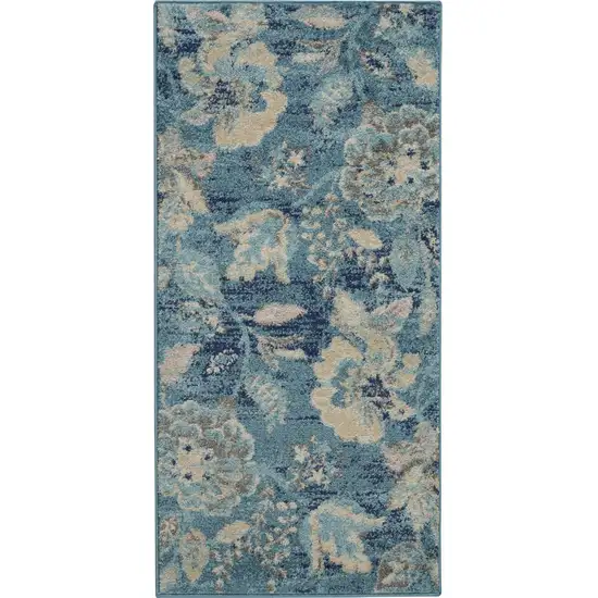 Turquoise Cream and Navy Blue Floral Distressed Area Rug Photo 2