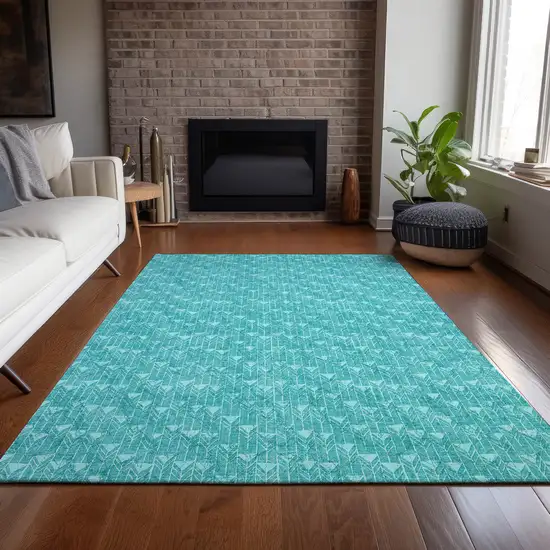 Turquoise Geometric Washable Non Skid Indoor Outdoor Area Rug Photo 9