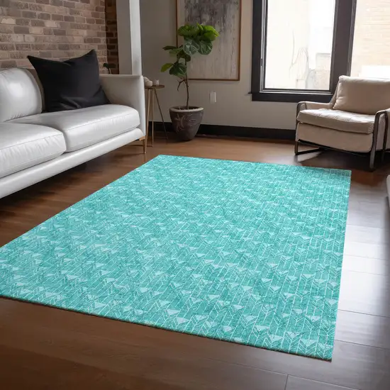 Turquoise Geometric Washable Non Skid Indoor Outdoor Area Rug Photo 8