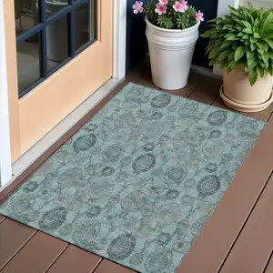 Photo of Turquoise Gray And Charcoal Damask Washable Indoor Outdoor Area Rug