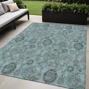 Photo of Turquoise Gray And Charcoal Damask Washable Indoor Outdoor Area Rug