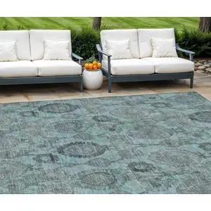 Photo of Turquoise Gray And Charcoal Damask Washable Indoor Outdoor Area Rug