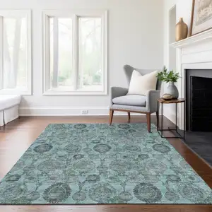 Photo of Turquoise Gray And Charcoal Damask Washable Indoor Outdoor Area Rug