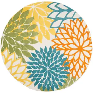 Photo of Turquoise Round Floral Non Skid Indoor Outdoor Area Rug