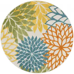 Photo of Turquoise Round Floral Non Skid Indoor Outdoor Area Rug