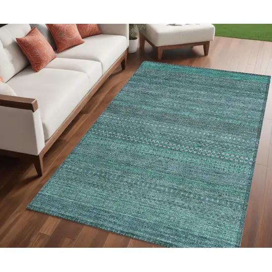 Turquoise Striped Washable Non Skid Indoor Outdoor Area Rug Photo 1