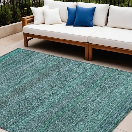 Turquoise Striped Washable Non Skid Indoor Outdoor Area Rug Photo 1