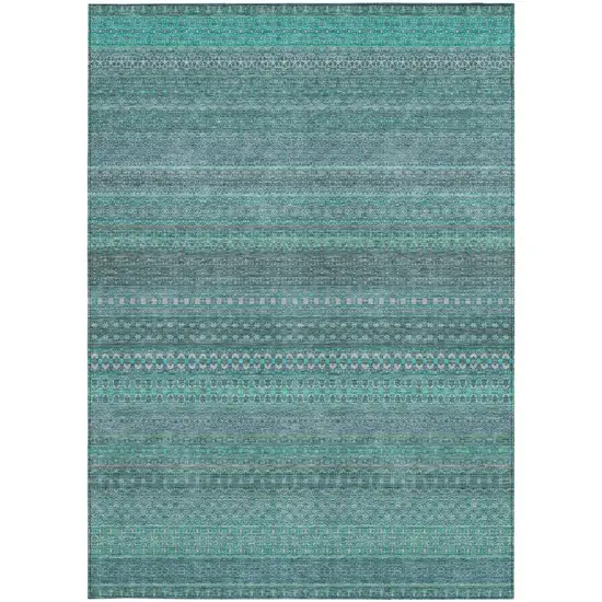 Turquoise Striped Washable Non Skid Indoor Outdoor Area Rug Photo 5