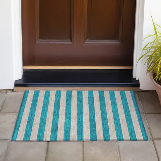 Turquoise Striped Washable Non Skid Indoor Outdoor Area Rug Photo 8