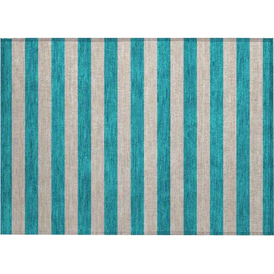 Turquoise Striped Washable Non Skid Indoor Outdoor Area Rug Photo 2