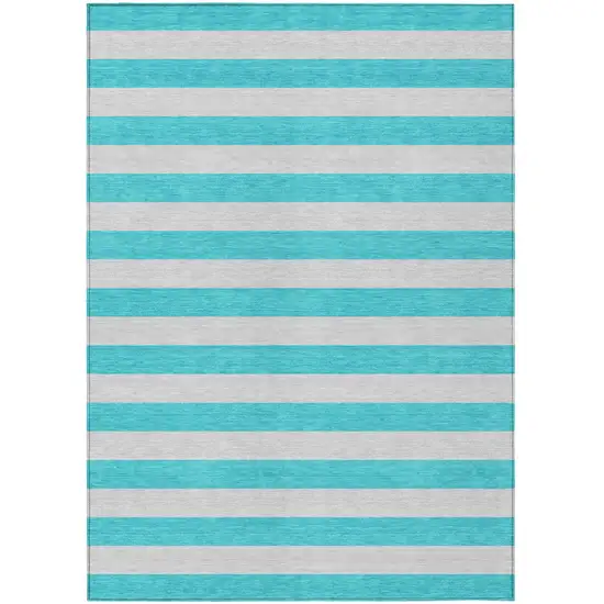 Turquoise Striped Washable Non Skid Indoor Outdoor Area Rug Photo 2