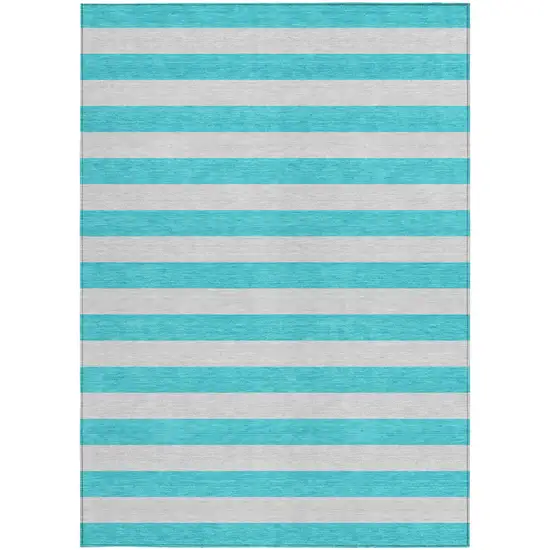 Turquoise Striped Washable Non Skid Indoor Outdoor Area Rug Photo 4