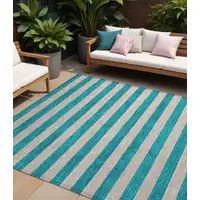 Photo of Turquoise Striped Washable Non Skid Indoor Outdoor Area Rug