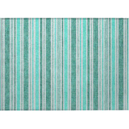 Turquoise Striped Washable Indoor Outdoor Area Rug Photo 5