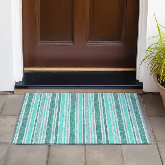 Turquoise Striped Washable Indoor Outdoor Area Rug Photo 7