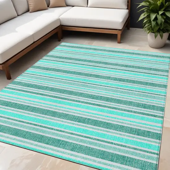 Turquoise Striped Washable Indoor Outdoor Area Rug Photo 1