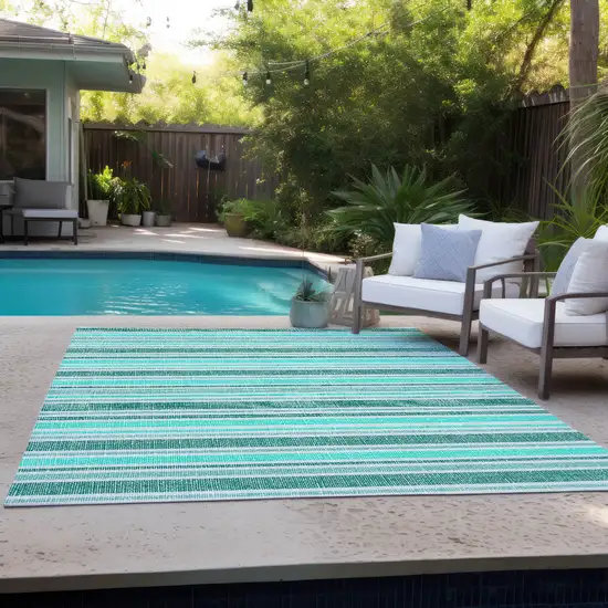 Turquoise Striped Washable Indoor Outdoor Area Rug Photo 8