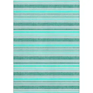 Photo of Turquoise Striped Washable Non Skid Indoor Outdoor Area Rug