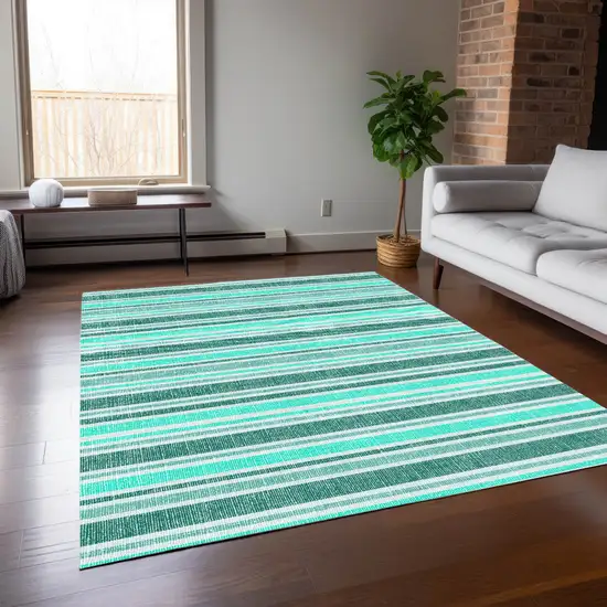 Turquoise Striped Washable Indoor Outdoor Area Rug Photo 6