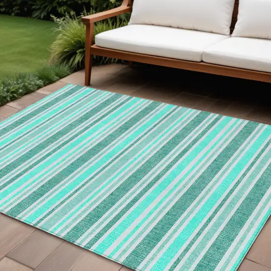 Turquoise Striped Washable Indoor Outdoor Area Rug Photo 1