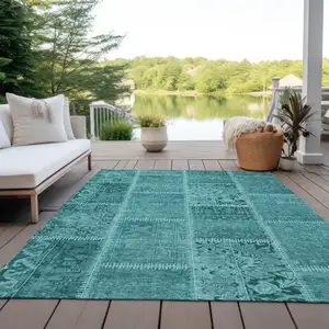 Photo of Turquoise Teal Blue And Aqua Patchwork Washable Indoor Outdoor Area Rug