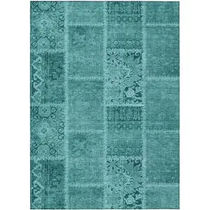 Photo of Turquoise Teal Blue And Aqua Patchwork Washable Indoor Outdoor Area Rug