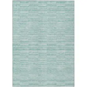 Photo of Turquoise Teal Blue And Gray Striped Washable Indoor Outdoor Area Rug